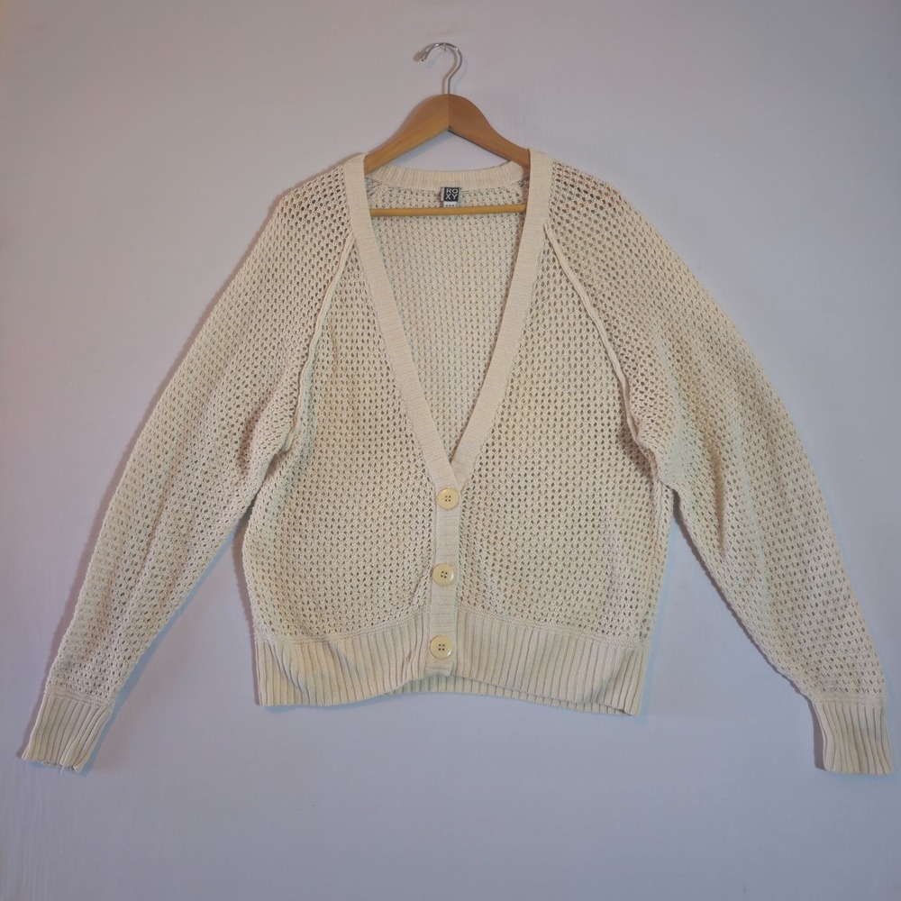 Roxy Cardigan Sweater Womens Medium Cream Open Knit V-Neck Winter Button Front